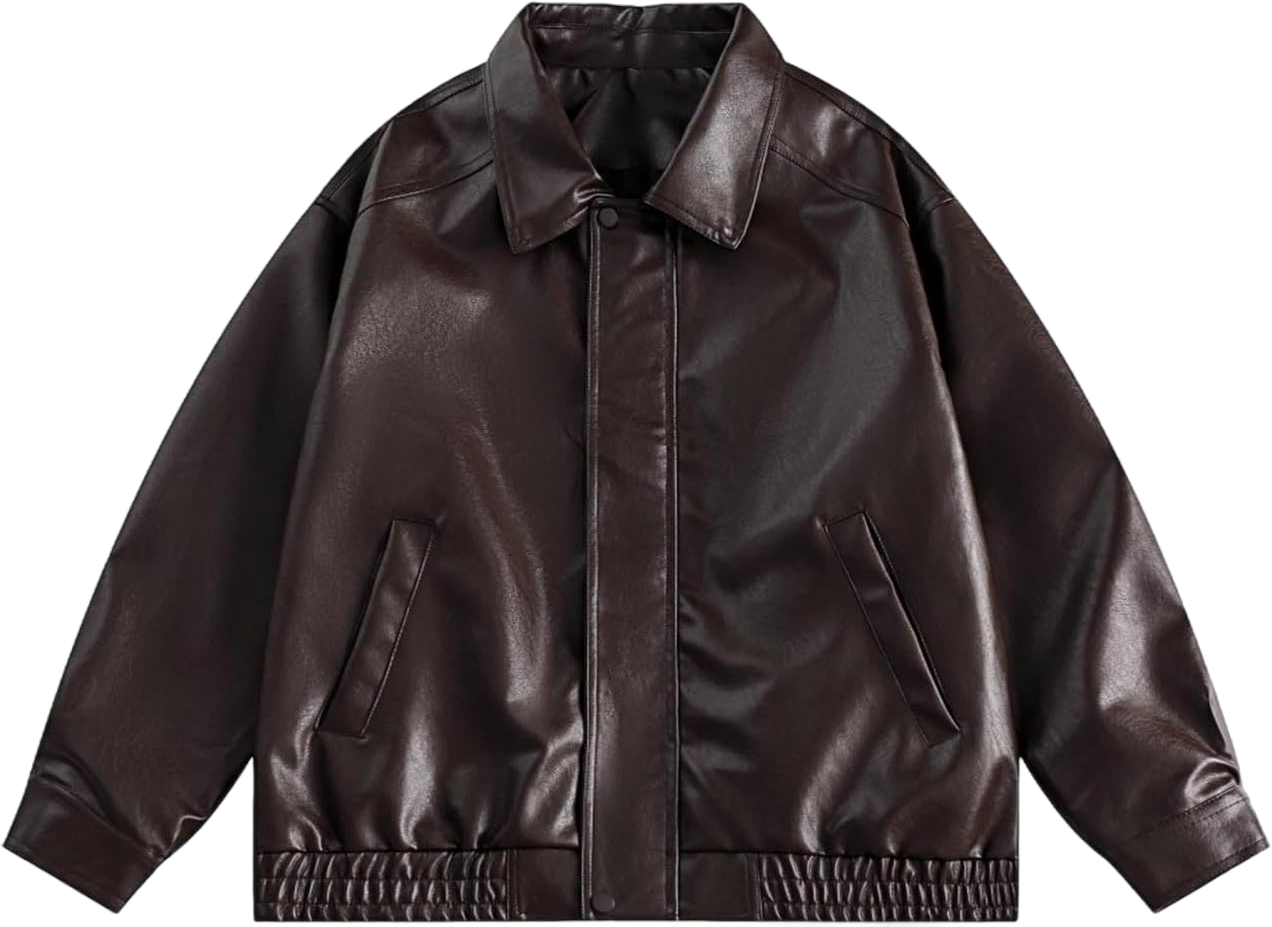 Fridja Women's Fall Winter PU Faux Leather Coat Lapel Zipper Motorcycle Cropped Bomber Jacket Moto Biker Coat with Pockets Brown XX-Large