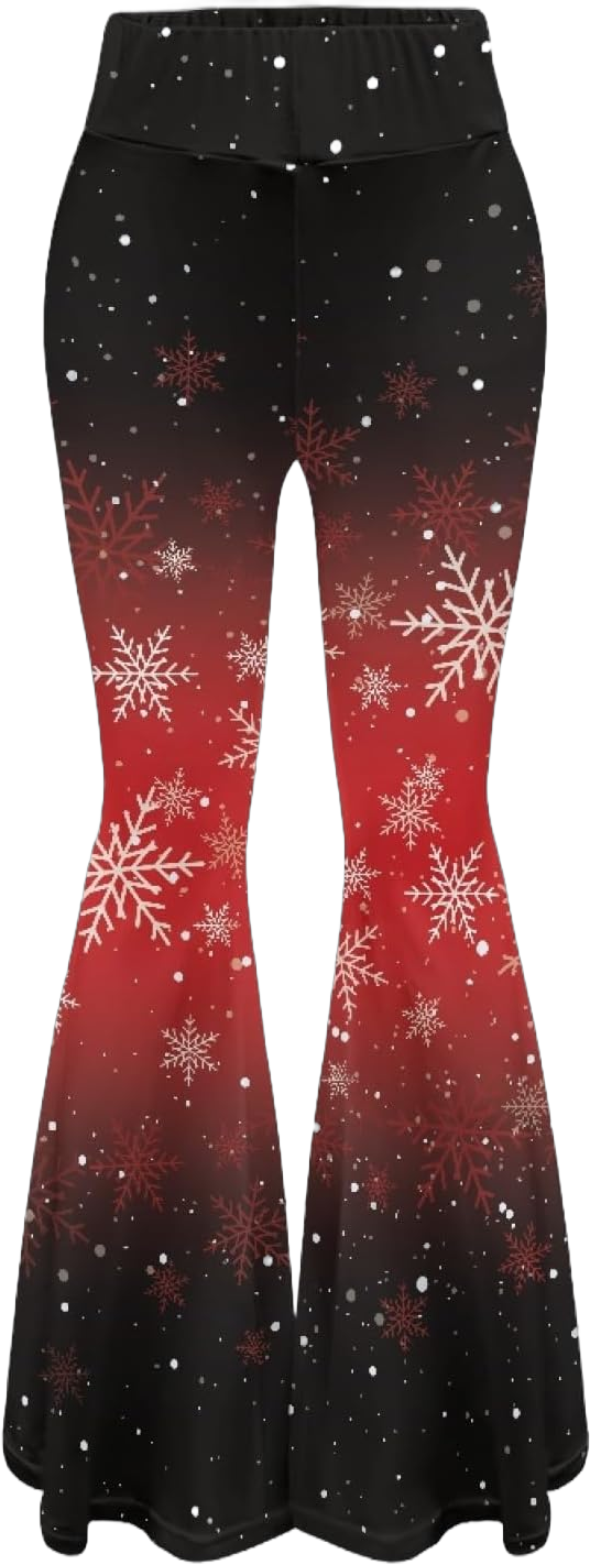 Women's High Waist Wide Leg Bell Bottom Yoga Flare Pants Trousers Tummy Control Stretch Yoga Pants Large Red Christmas Snow