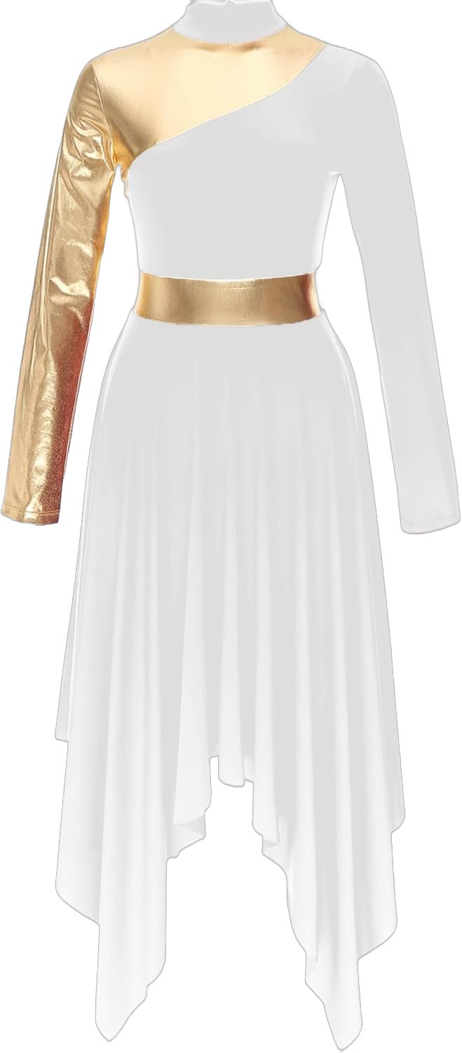 easyforever Women's Metallic Gold Color Block Praise Dance Dress Long Sleeve Worship Dance Overlays Large White