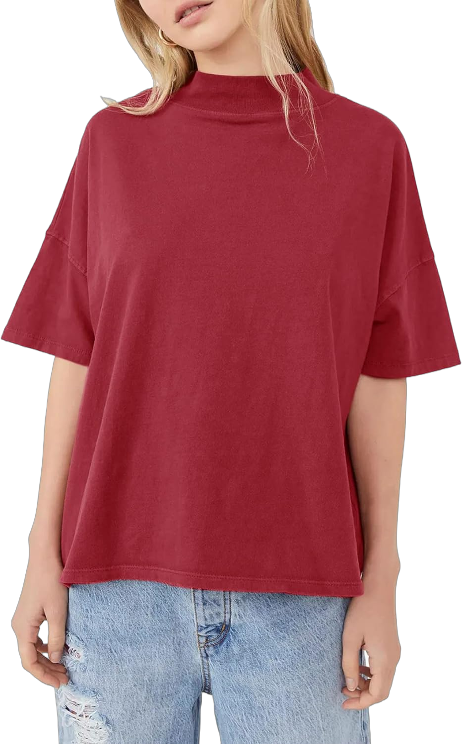 Womens Casual Short Sleeve Mock Neck T Shirts Summer Loose Fit Basic Plain Tee Tops Large Red