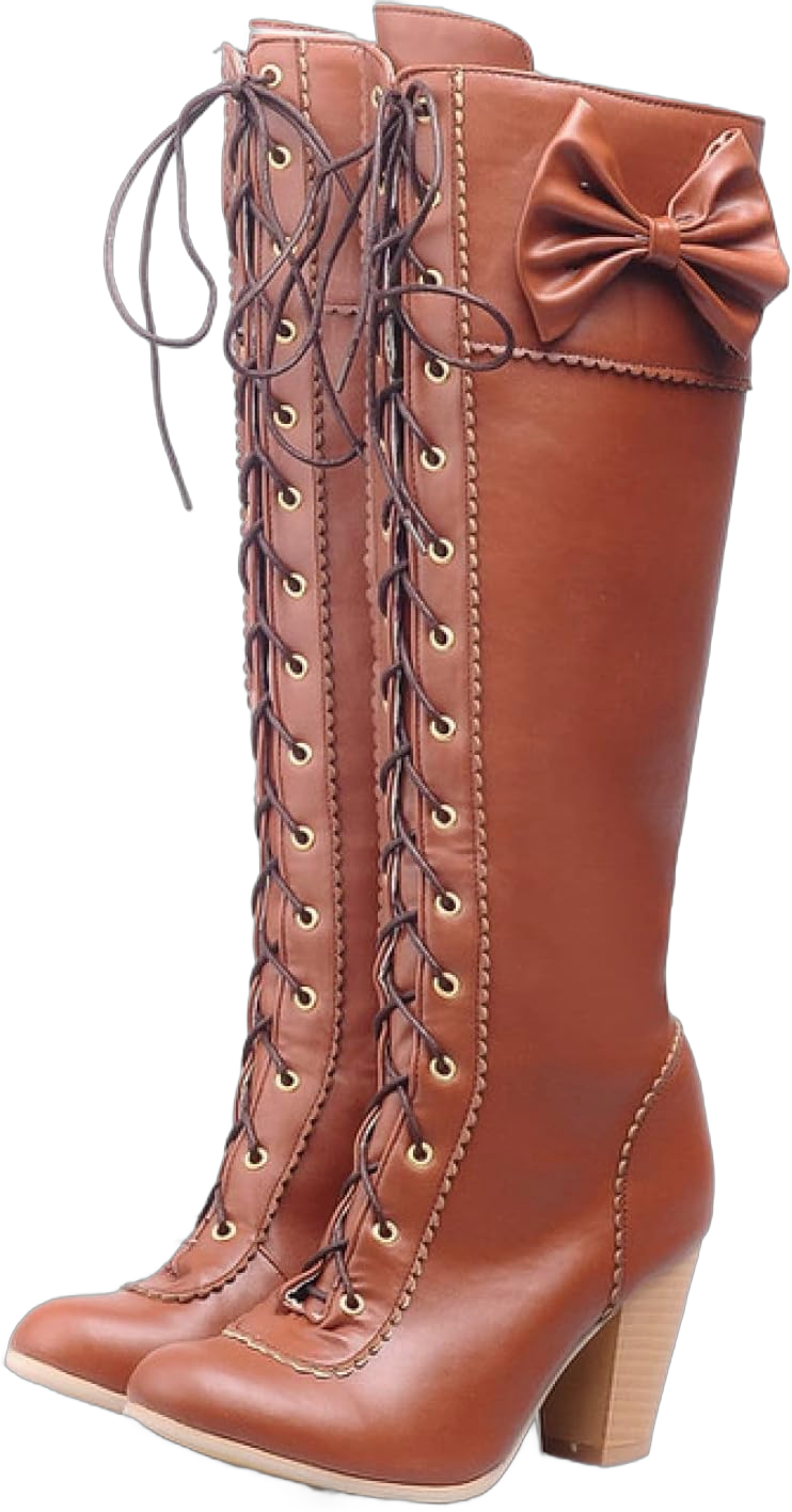 ChyJoey Women Faux Leather Knee High Boot Lace-up Comfortable Fashion Riding Boots, Round Toe, Block Heel, Side Zipper 5 Brown