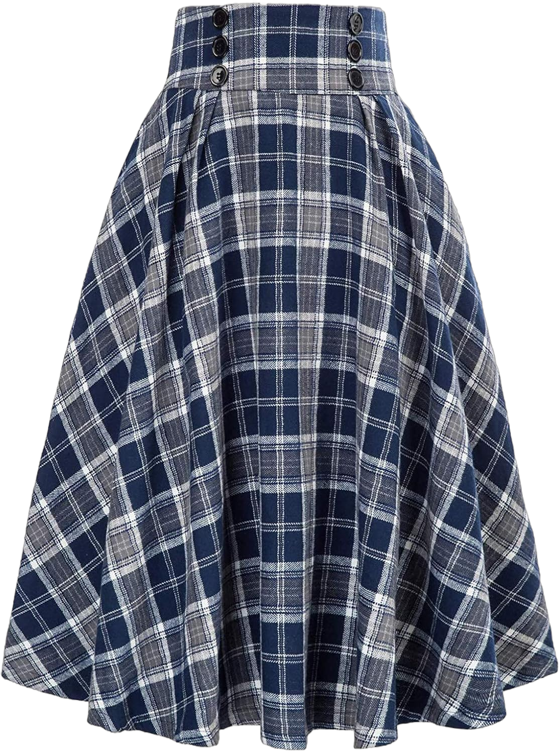 Women Plaid Skirt Vintage High Waist Pleated with Pockets A-line Grid Pattern Midi Skirts Fashion Casual Dress XX-Large B Navy