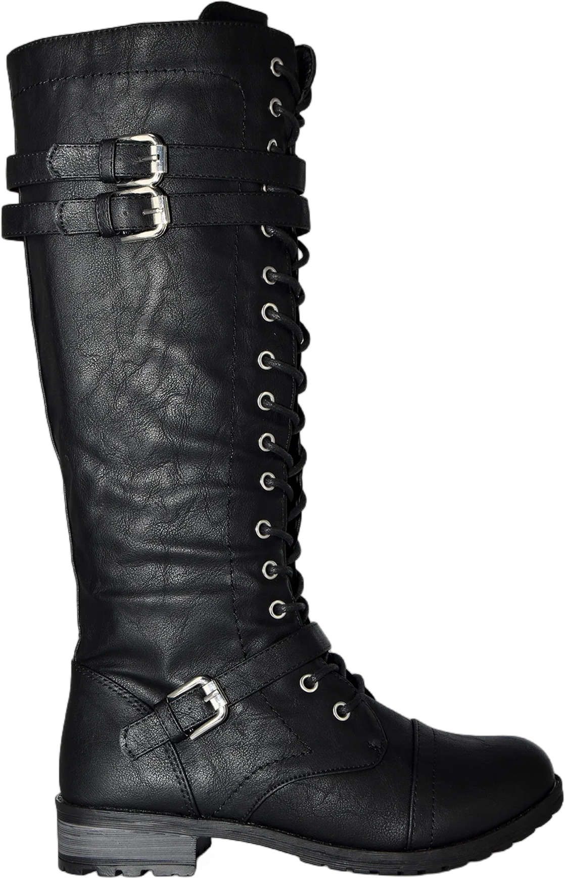 Wild Diva Women's Faux Leather Strappy Buckle Military Combat Fashion Lace Up Knee Length Boots (Black, 6)