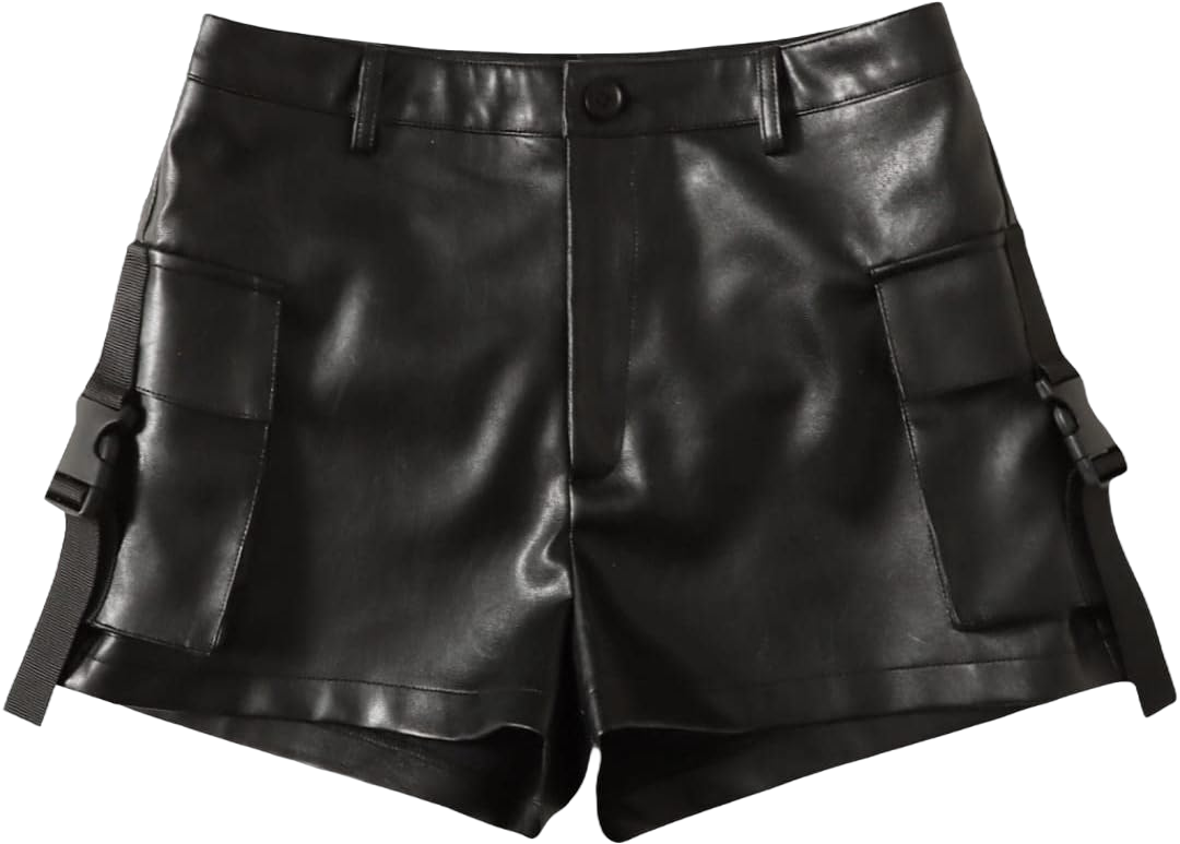 WDIRARA Women's High Waisted PU Leather Shorts Roll Hem Shorts with Pockets Small Black Zipper