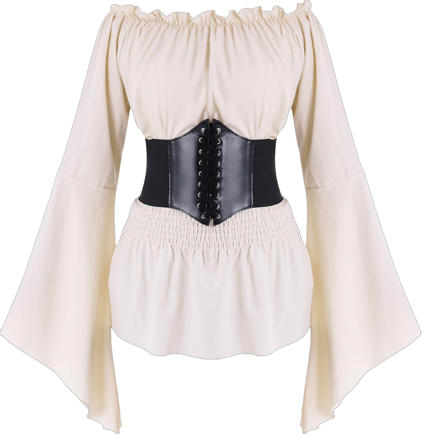 Women Renaissance Blouse Top Corset Waist Belt, Pirate Corset Shirt, Medieval Costume Off Shoulder Peasant Shirt Beige Large