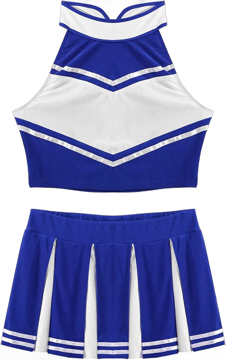 Linjinx 2Pcs Women Adult Charming Cheer Leader Uniform Dress Crop Top with Mini Pleated Skirt Blue a Small