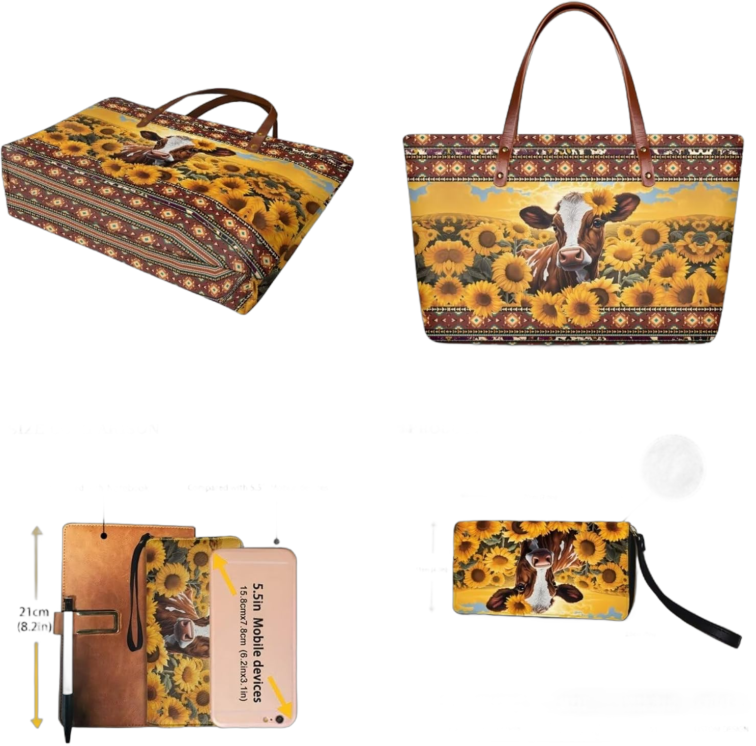 2 PCS Handbags Wallet Tote Bag for Women Shoulder Bag with Top Handle Large Purse and Wallet Set Aztec Cow Print Sunflower -Yellow and Brick Red