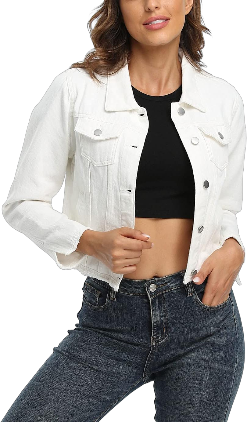 MISS MOLY Jean Jacket Women’s Frayed Washed Button Up Cropped Denim Jacket w 2 Side Pockets Small White