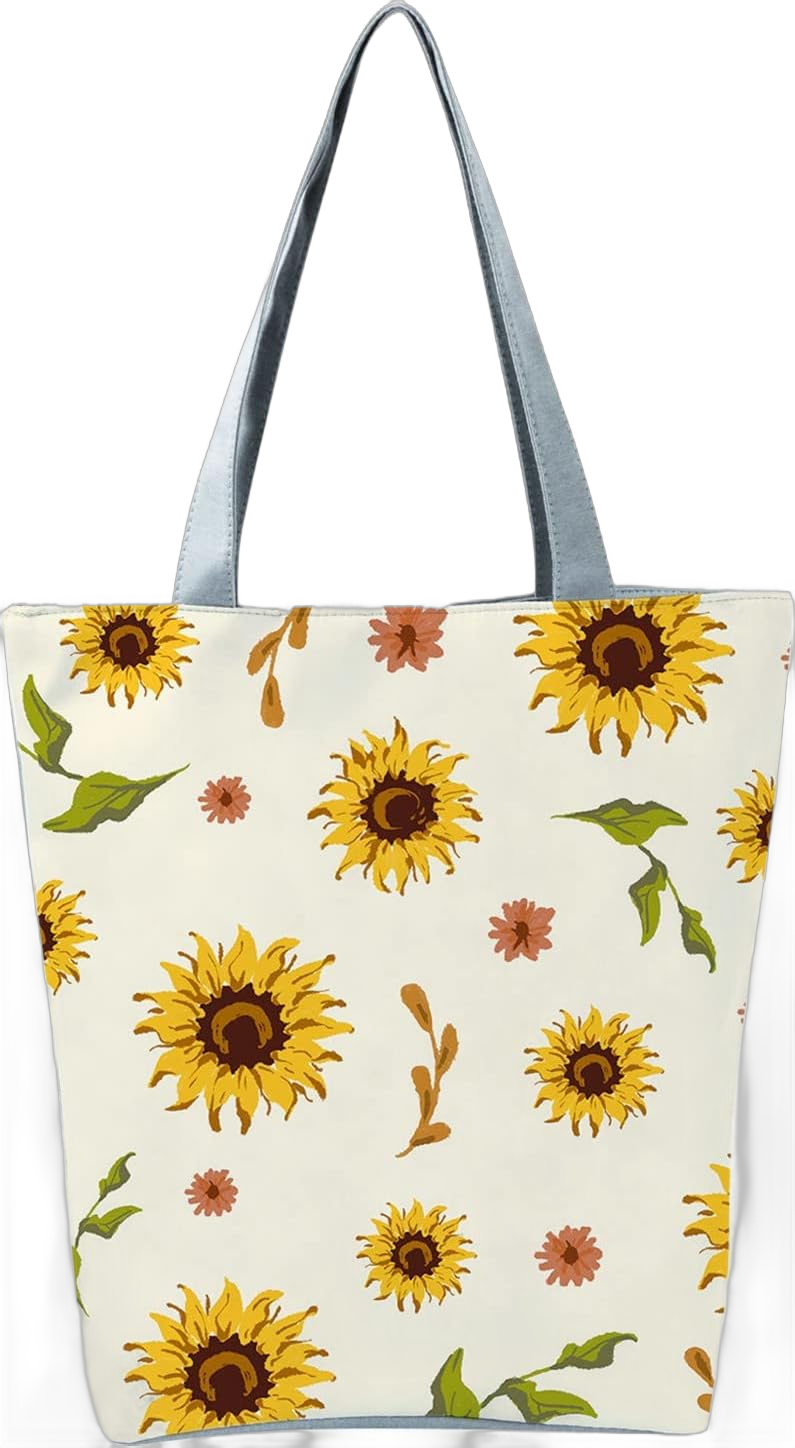 Beach Tote Bag Sunflower Printed Canvas Women's Casual Large Zippered Shoulder Bag For Outdoor Beach Travel Essential i White One Size