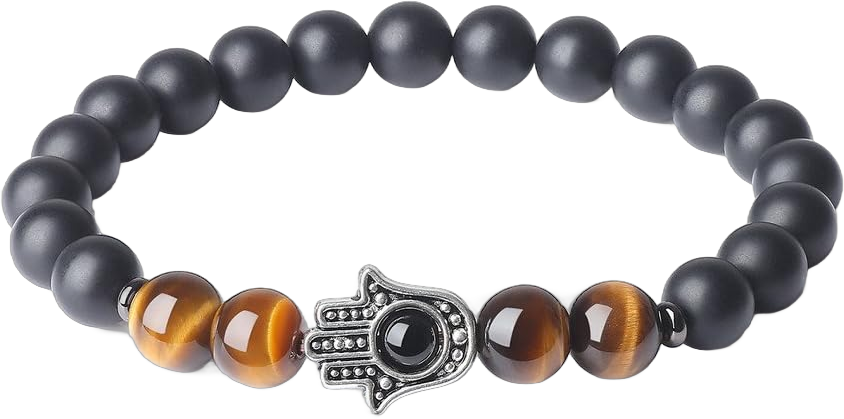 Onyx Tiger Eye Stone Beaded Hamsa Bracelet M