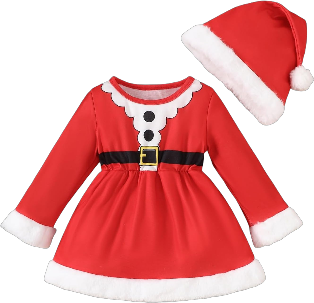 Baby's 𝐌rs 𝐂laus Costume Set Newborn Infant Girls Velvet Leotard Dress Christmas Long Sleeved Romper Dress + Hat Red 3-6 Months