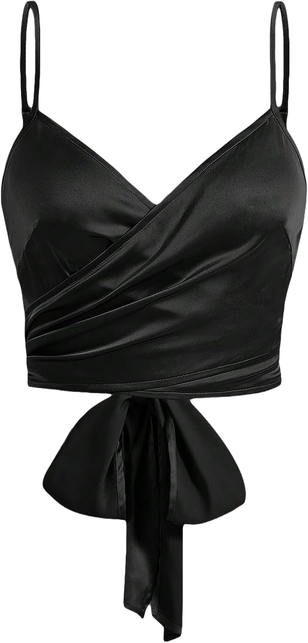 Verdusa Women's Satin Wrap Cami Top Crisscross V Neck Tie Back Sleeveless Crop Tops Large Black