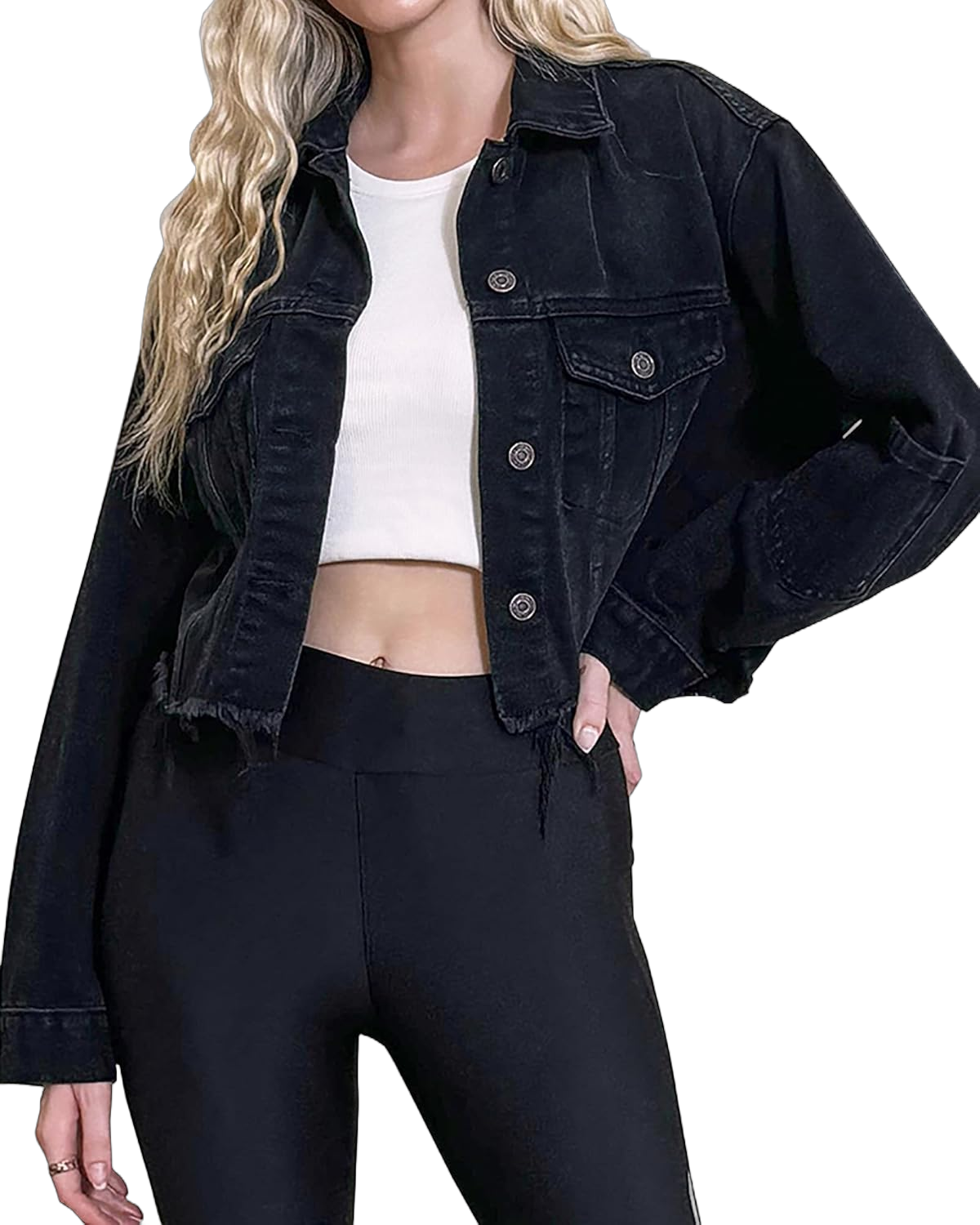 Women's Cropped Denim Jacket Button Down Long Sleeve Loose Oversized Jean Jacket Coats X-Large Black