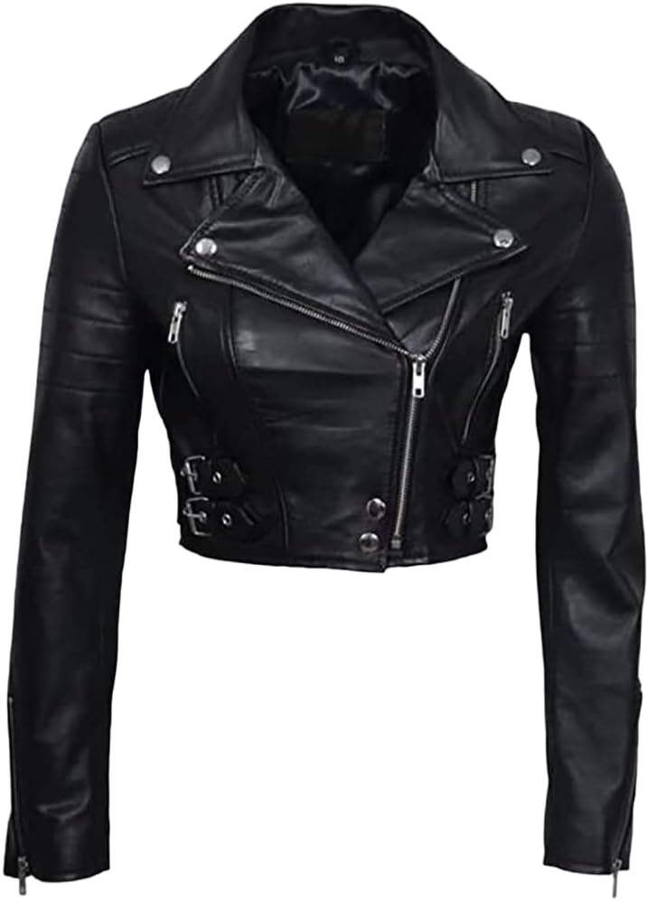 Women Cropped Style Asymmetrical Biker Leather Jacket - Café Racer Real Leather Jacket - Short Body Long Sleeve Jacket 3X-Large Chic Black