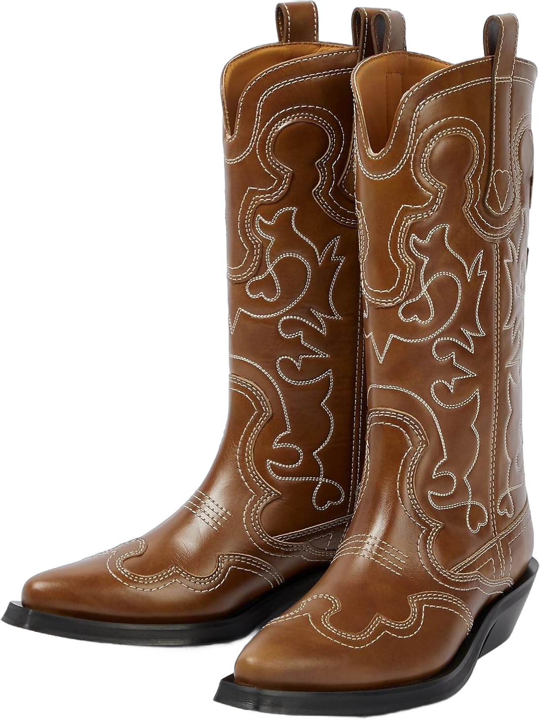 THESHY Embroidery Western Boots For Women,womens Leather Mid Calf Boots Pointed Toe Chunky Low Heel Cowboy Cowgirl 7 Brown