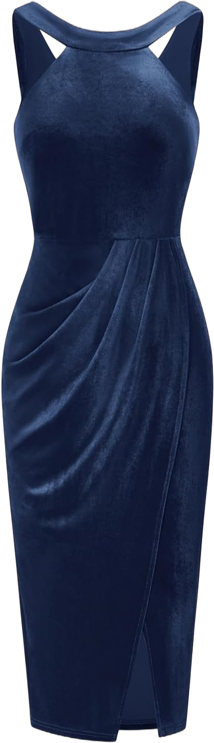 GRACE KARIN Women's Halterneck Sleeveless Ruched Bodycon Slit Velvet Wrap Party Cocktail Midi Dress (Navy, Large)