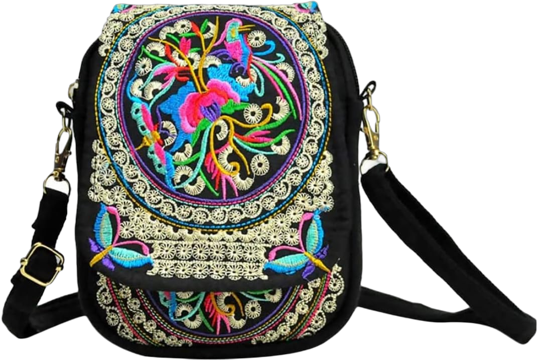 Shoulder Bag, Ethnic Phone Bag Embroidered Flower Crossbody Bag Vintage Handbag Canvas Pouch for Women Golden