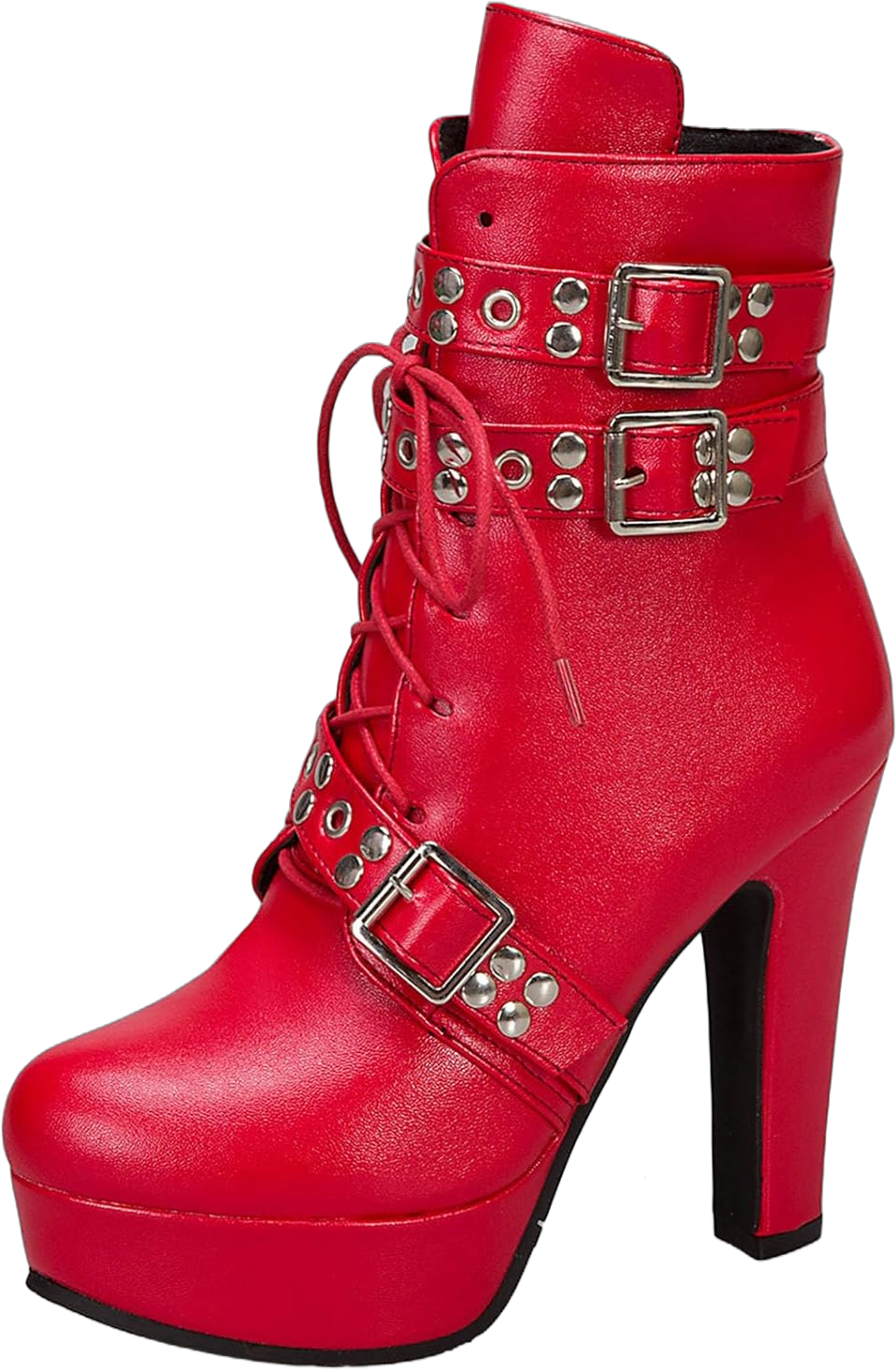 Women's Studded Buckled Combat Boots Chunky Platform Ankle Booties Goth Punk Lace Up Knight Biker Boots Zipper High Heels 4 Red