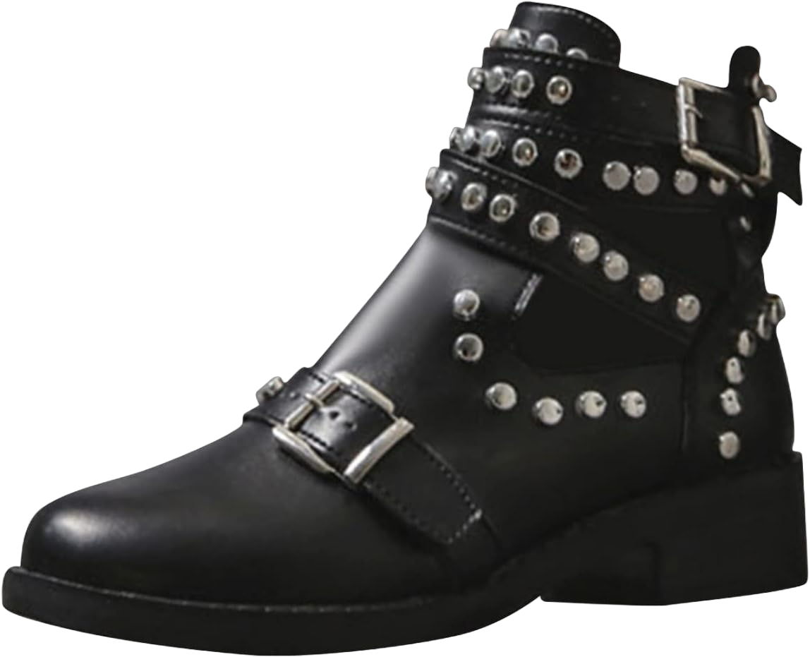 oiangi Studded Ankle Boots for Women - Solid Round Toe Cutout Straps Buckle Casual Chunky Thick Heel Short Booties Comfortable Trendy Leather Shoes 8.5 Black