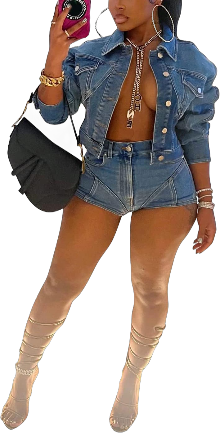 Denim 2 Piece Shorts Set for Women Long Sleeve Cropped Jean Jacket and High Waisted Shorts Plus Size Cute Outfits Medium Blue