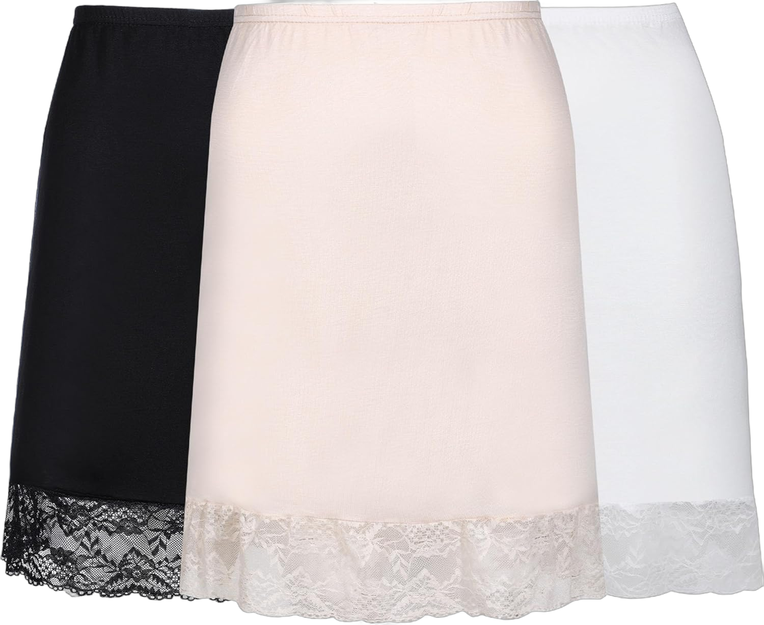 3 Pieces Half Slips for Under Dresses Lace Half Slip Dress for Women with Short Lace Trim Above Knee Adjustable Underskirt Medium Black, White and Skin Color