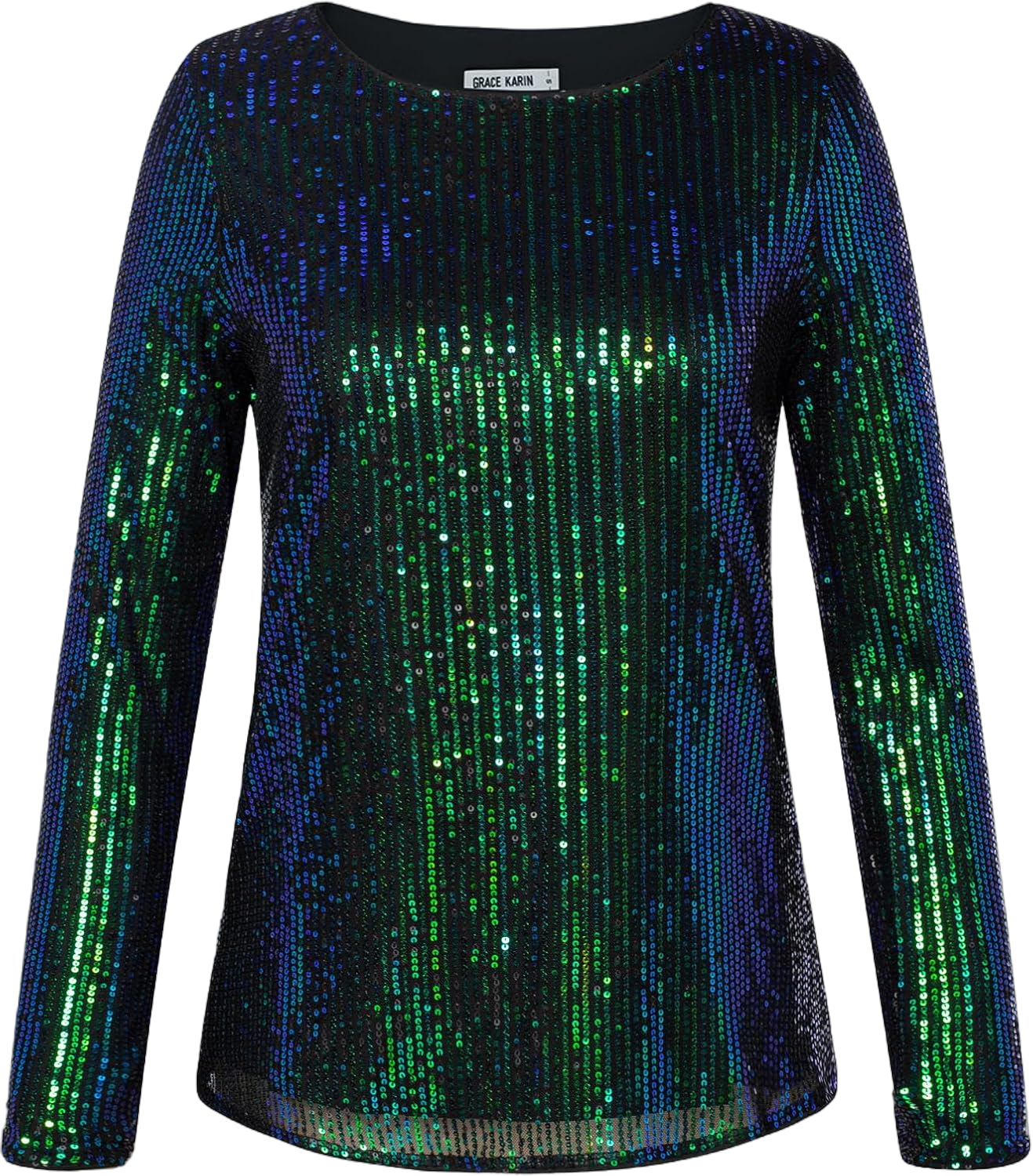 GRACE KARIN Metallic Tops for Women Sparkly Long Sleeve Tunic Top Glitter Sequin Shirt Dressy Casual Blouses Green M