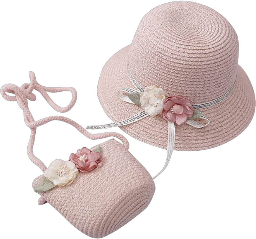 Girls Summer Hat Bag Set Wide Brim Hat Cute Flower Summer Beach Cap Travel Sun Hats with Shoulder Bag One Size Pink