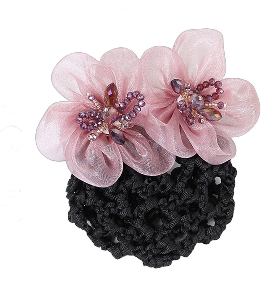 2 Pcs Lace Flower Net Barrette Beads Rhinestone Hair Bun Cover Fashion Women Hairnet Hairpin for Lady Working Decor Purple Pink