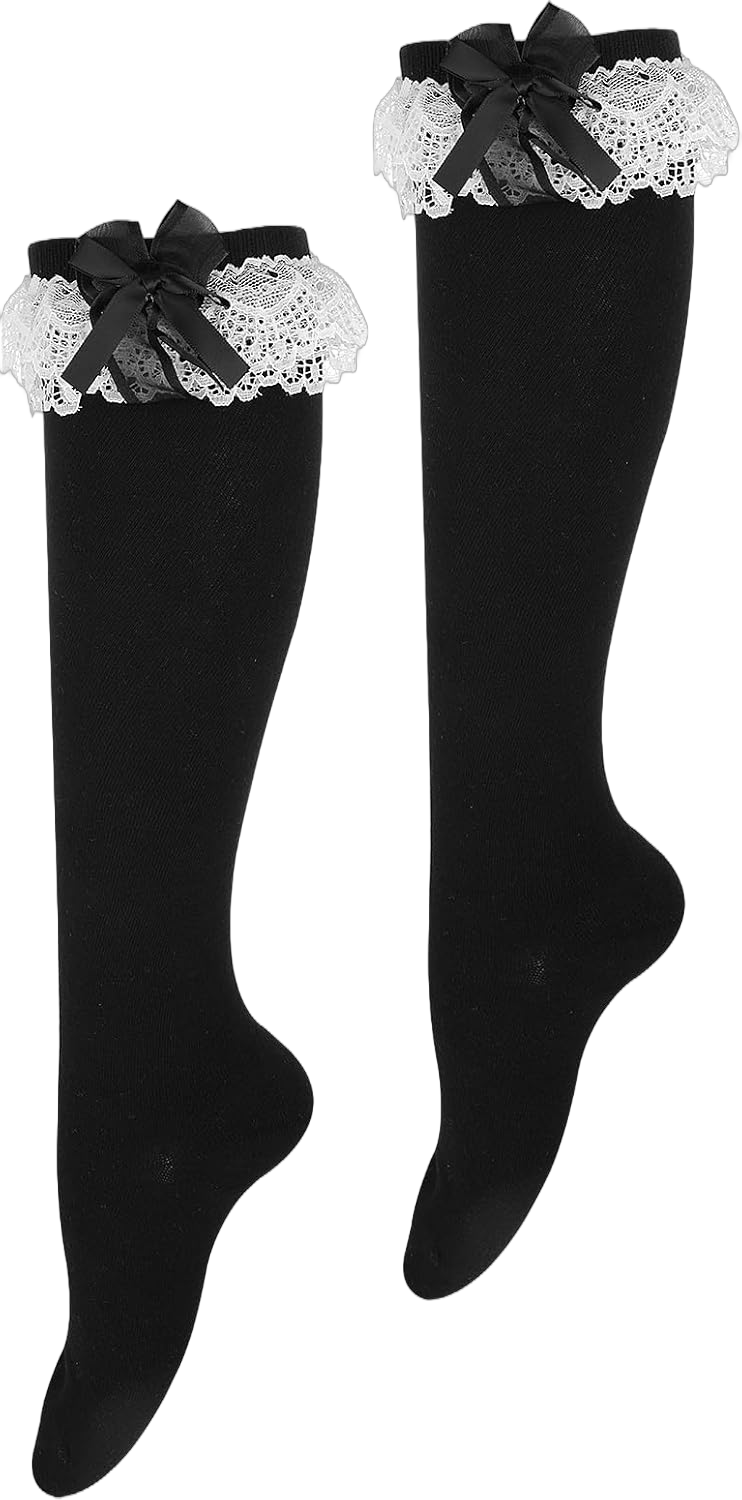 Women's Soft Knee High Socks Cotton Socks Lovely And Cute Lace Ruffle Bow Socks Tube Socks High Stockings for Lolita (Black)