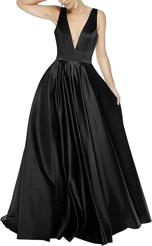 EEFZL Deep V-Neck Evening Gowns Plus Size Long Satin Prom Dresses for Women Juniors 20 Plus Black