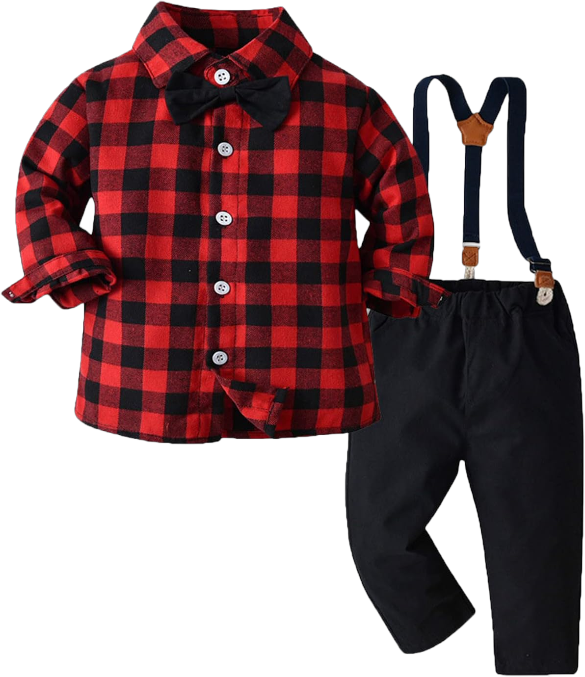 Toddler Girls Boys Christmas Outfits Baby Gentleman Plaid Long Sleeve Button Down Shirt Suspender Pants Set Red 18-24 Months