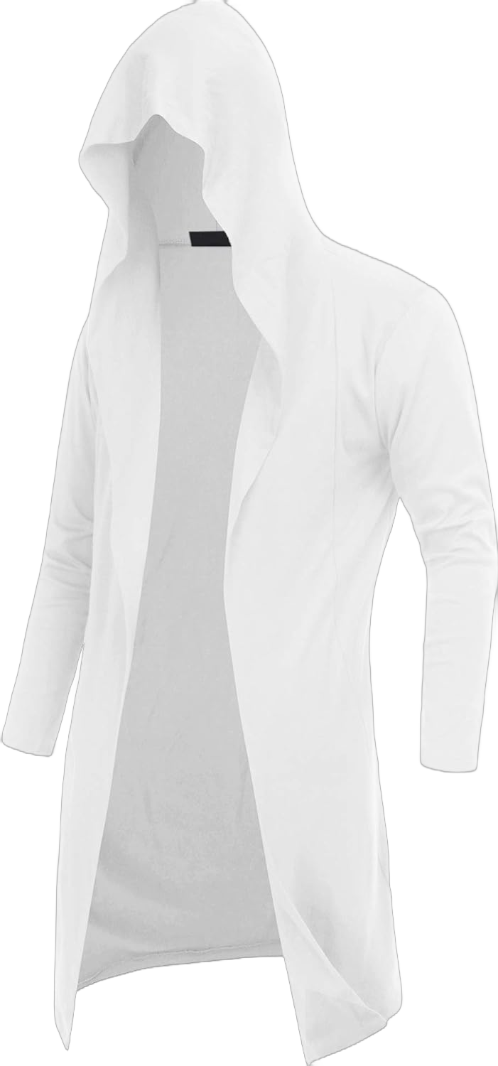 Mens Cardigan Long Open Front Draped Lightweight Hooded Sweater with Pockets X-Large Long Sleeve_white