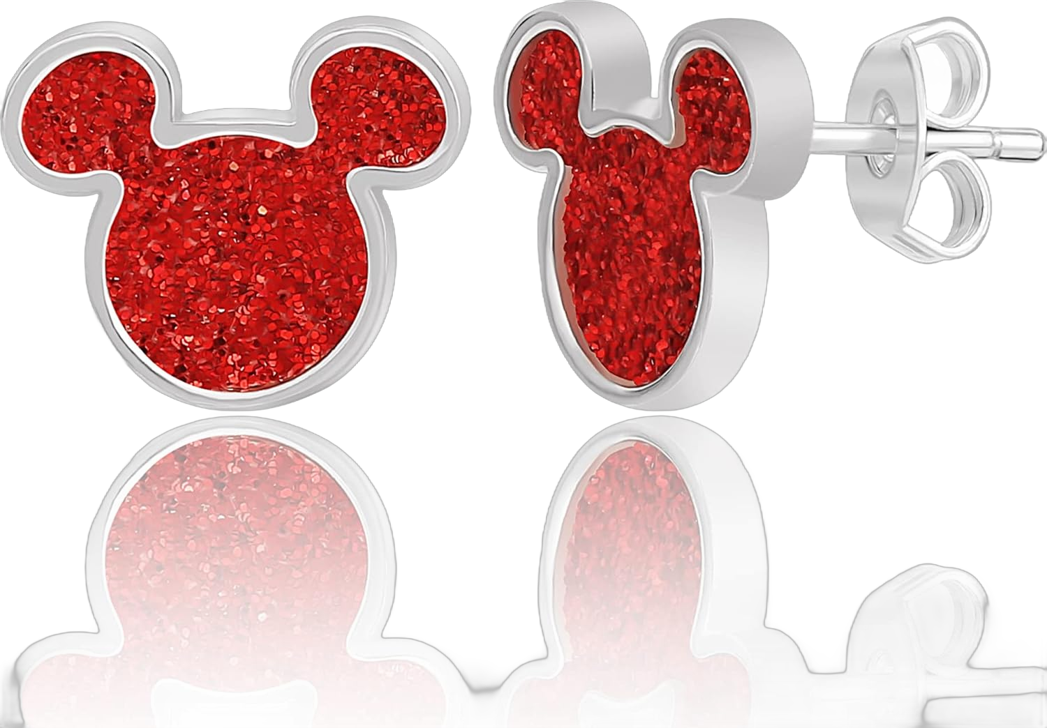 Disney Mickey Mouse Earrings - Silver Plated Mickey Mouse Stud Earrings with Red Glitter - Disney Jewelry for Women