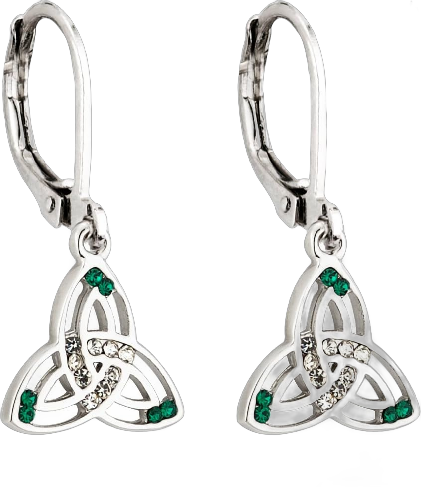 Biddy Murphy, Traditional Irish Tara Trinity Knot Dangle Earrings for Women, Silver Rhodium Plated with Emerald Green Crystal, Celtic Jewelry Made in Ireland by Artisan Jewelers