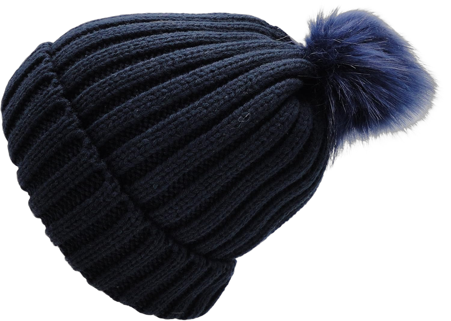 Wonderful Fashion Women's Cable Knit Beanie Hat with Faux Pom Pom Navy