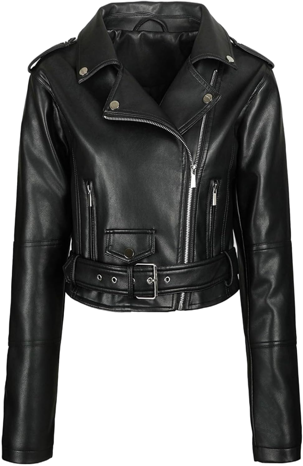 Fridja Women's Cropped Faux Leather Jacket Long Sleeve Zipper Short Coat with Belt Bomber Motorcycle Jackets with Pockets Black Large