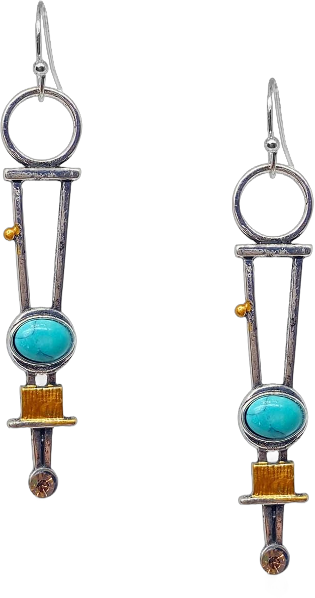 KaFu Handmade Retro Bohemian Geometry Long Earrings circle with triangle Links Turquoise Silver Dangle Drop Earrings for Women Girls Jewellery Gifts Style-2