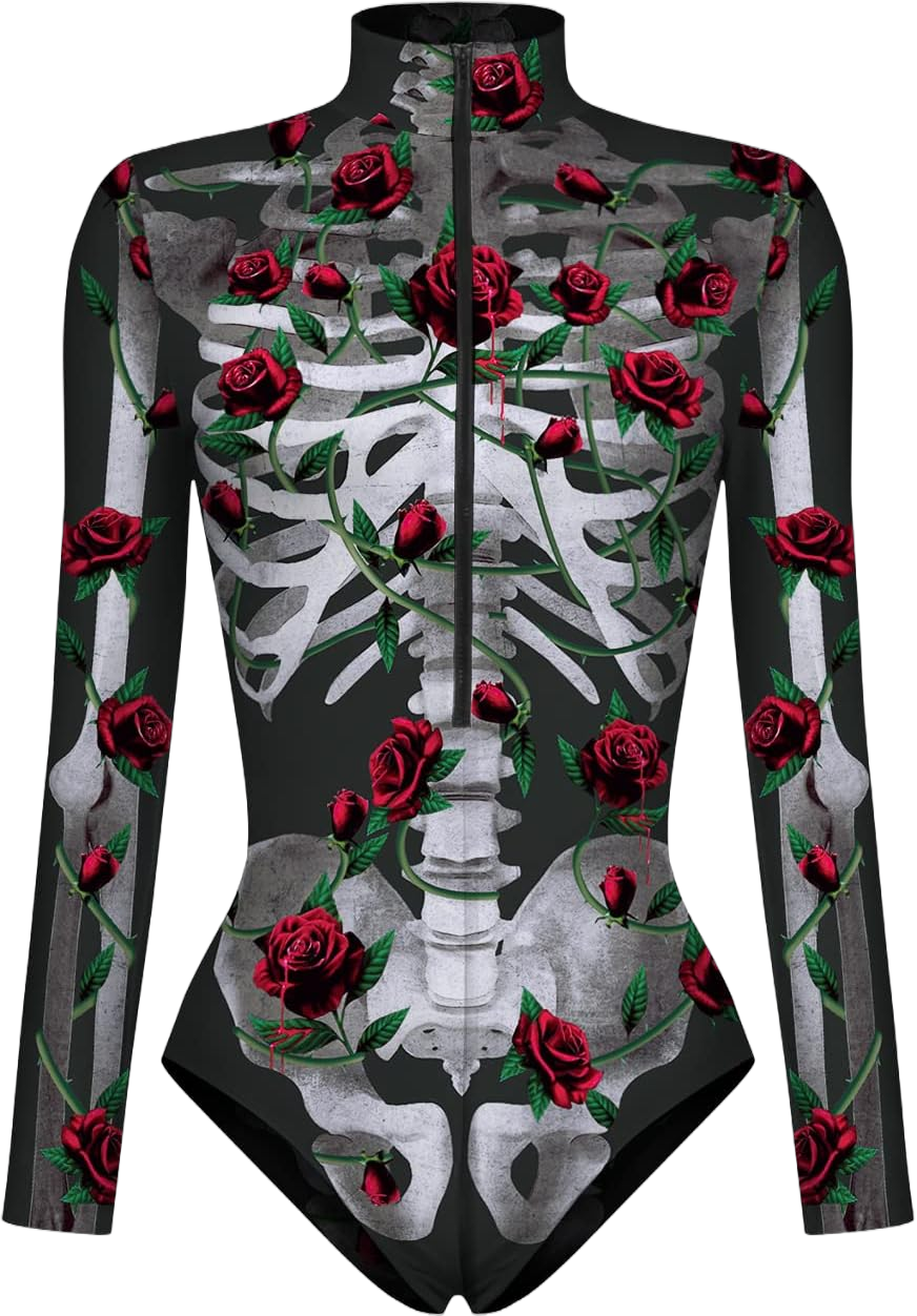 Women's Skeleton Jumpsuit Zip Up Halloween Bodysuit Sexy Halloween One Piece Outfit Black Rose Skeleton Large-X-Large