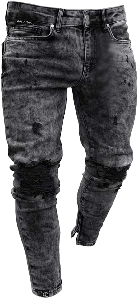 NREALY Pants Mens Skinny Stretch Denim Pants Distressed Ripped Freyed Slim Fit Jeans Trousers Medium Gray