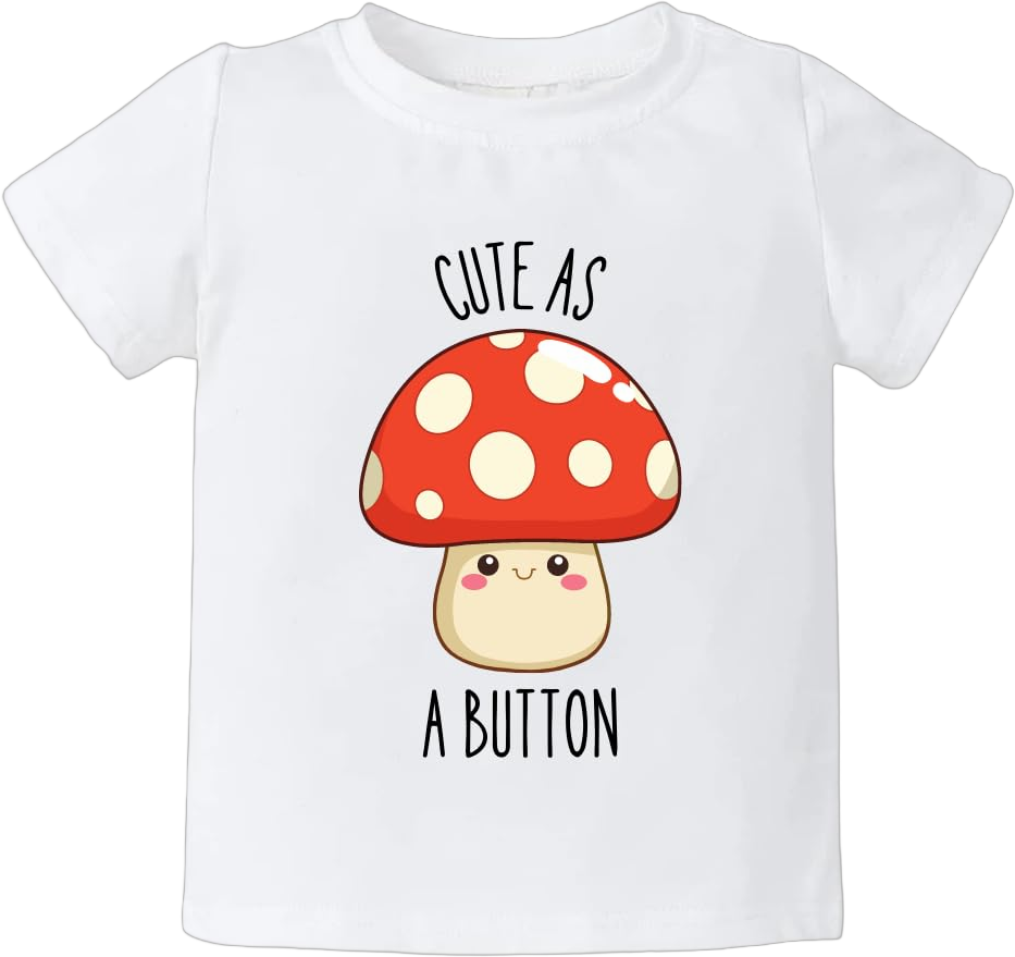 Funny Baby Bodysuit Cute as a Button Mushroom Baby Cotton Custom Baby Clothes Unisex Baby Announcement Onesie for Boys and Girls (Short Sleeve White, Youth Small) Youth Small Short Sleeves White