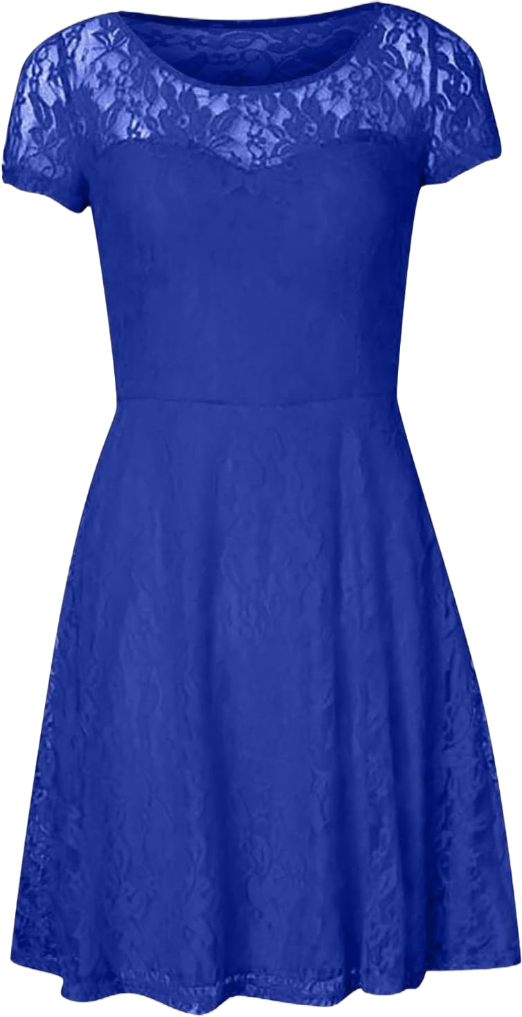 Women's Casual Summer Dresses Color O-Neck Side Zipper Short-Sleeve Stitching Lace with Lining A-Line Dress, M-5XL 3X-Large Blue