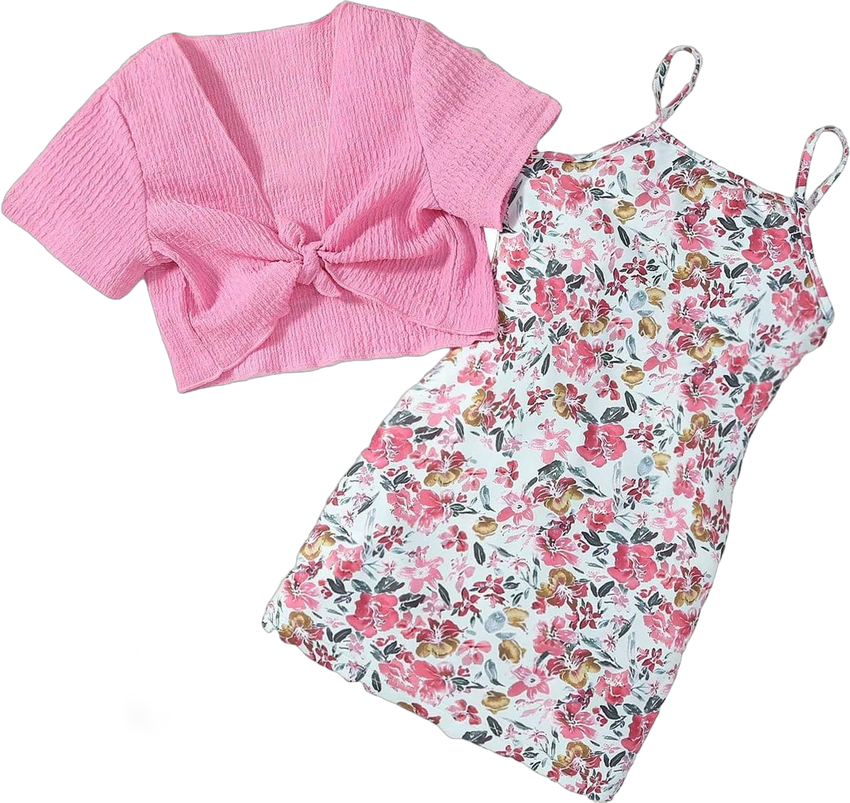 OYOANGLE Girl's 2 Piece Dresses Sets Floral Cami Dresses and Short Sleeve Lettuce Trim Tie Top Sets 7 Years Pink Floral