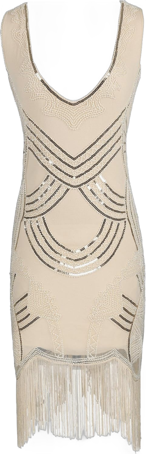 Women's 1920s Gatsby Dress V Neck Sequin Bead Fringed Cocktail Hem Flapper Dress Nude Large