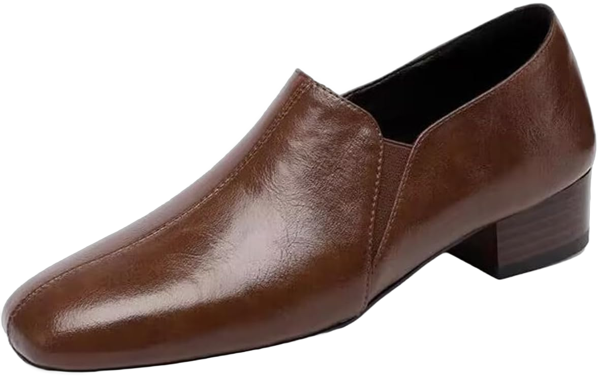 Women's Retro Leather Pointed Toe Chunky Heel Penny Loafers Classic Slip-On Low Chunky Heel Wide Toe Pumps Comfy Non-Slip Business Office Work Dress Shoes 6 Brown