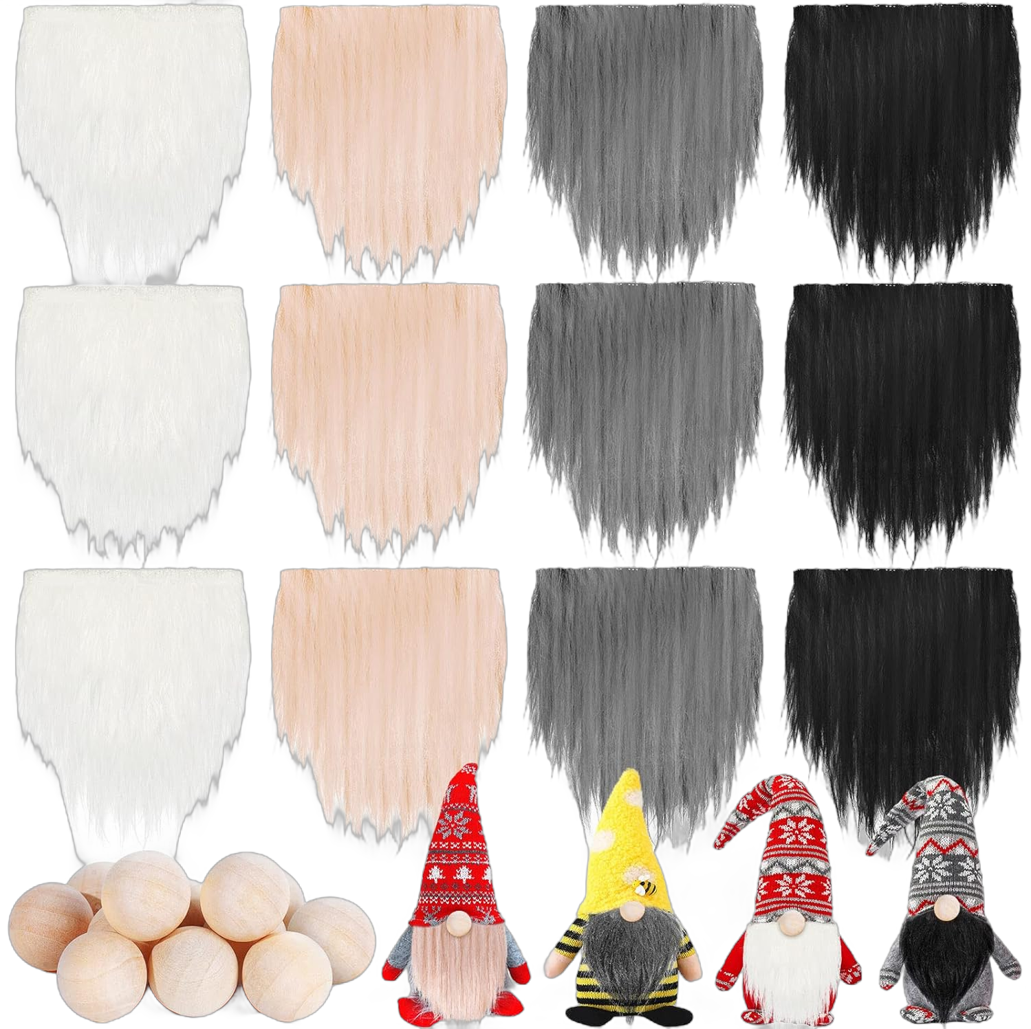 Precut Gnome Beard, 12 Pcs Faux Fur Costume Beard in 4 Colors, Handmade Dwarf Beard with 12 Wooden Balls for Easter Halloween Christmas Crafts Decor