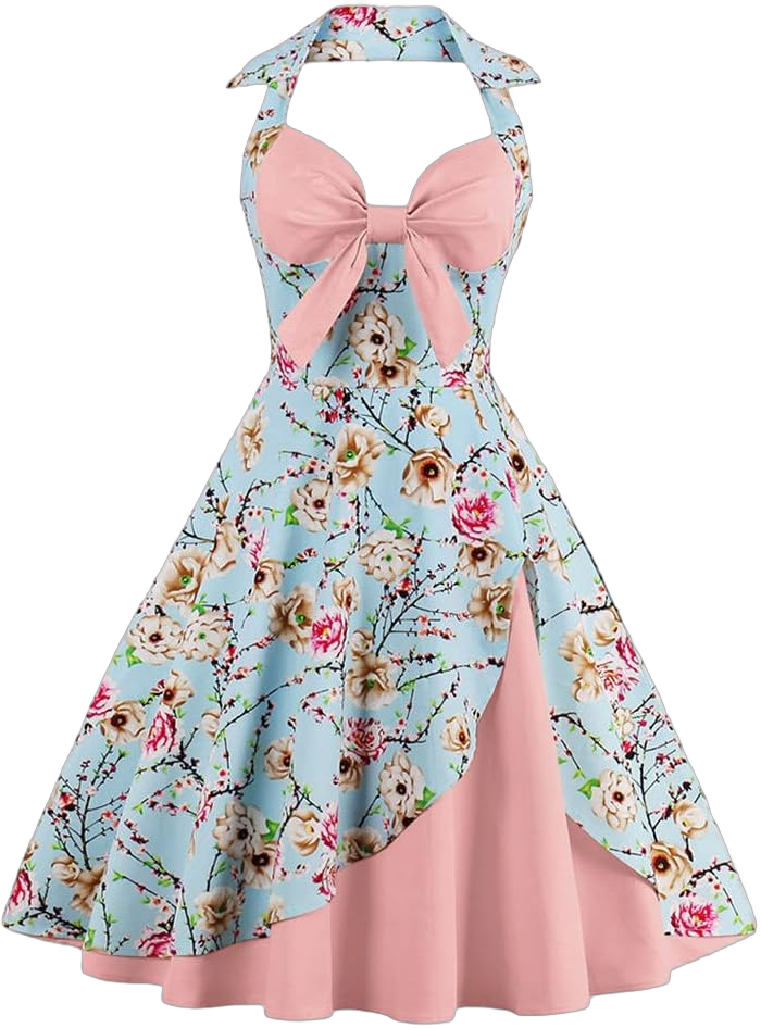 Women Vintage Polka Dot 1950s Rockabilly Halter Audrey Dress Retro Floral Evening Cocktail Swing Dress Small Pale Pink