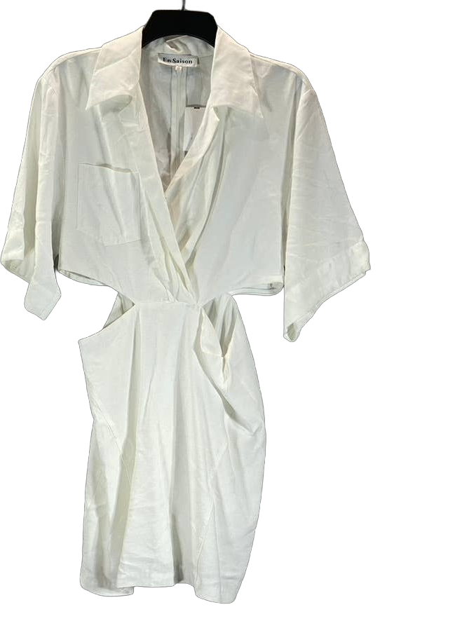 EN SAISON Women's Off White Cutout V-Neck Collared Linen Mini Dress SZ S