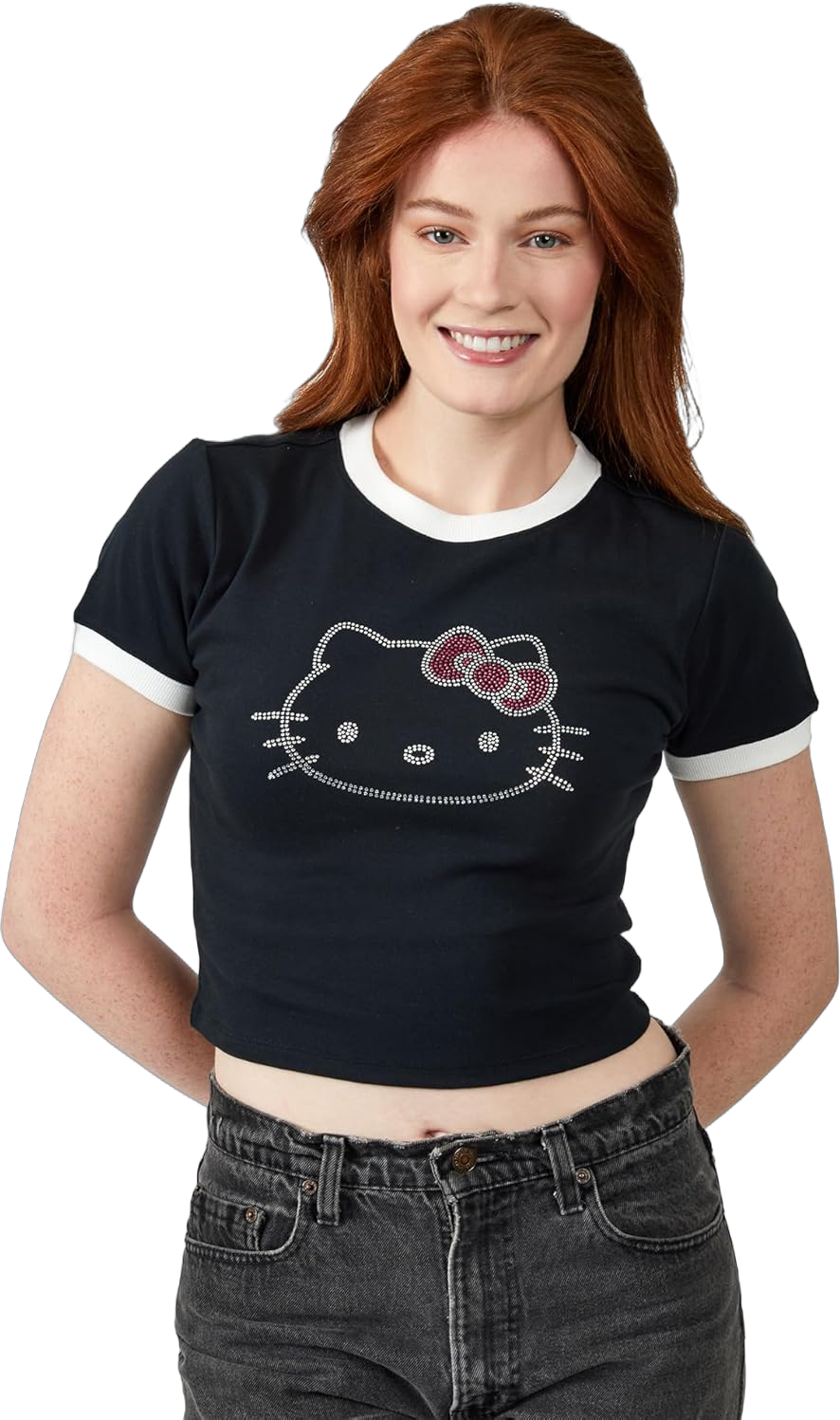 Hello Kitty Character Face Outline Crew Neck Short Sleeve Women's Black Crop Top Baby Tee Black Large