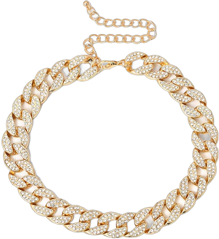 Ingemark Shiny CZ Rhinestone Curb Cuban Link Chain Choker for Women Unisex Cool Hip Hop Miami Cuban Diamond-Cut Chain Choker Necklace S1 Golden Plus Size--14"+4"