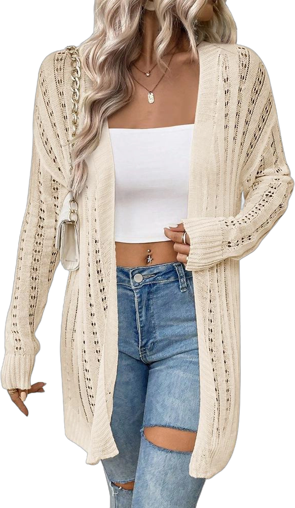 Womens Above Knee Cardigan Fall Sweater Open Front Ribbed Long Sleeve Lightweight Sweater Longline Cardigan,Beige - L